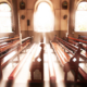 Ancient church interior at sunrise
